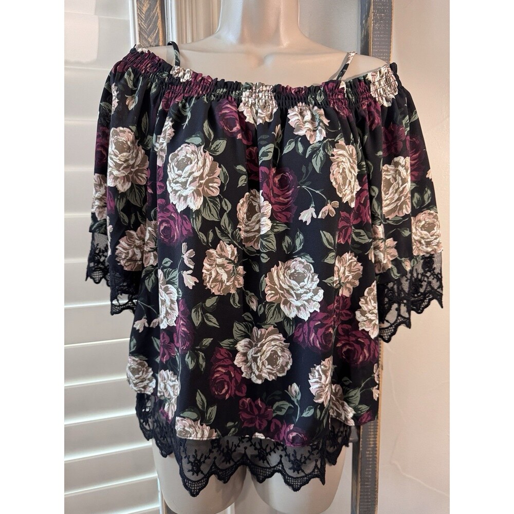 IZ Byer Top Womens Off Shoulder Short Sleeve Blouse Floral Black Lace Medium NWT